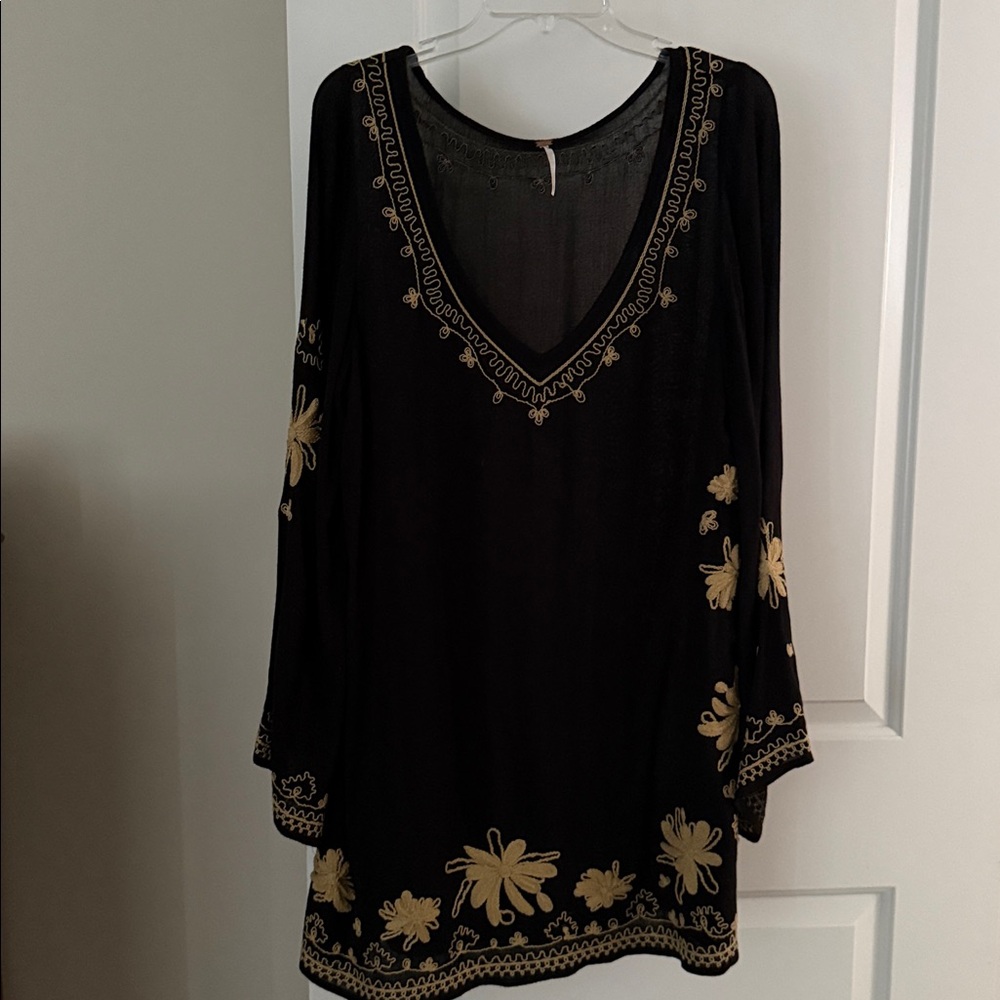 Free People Black Tunic with Gold Floral Embroidery